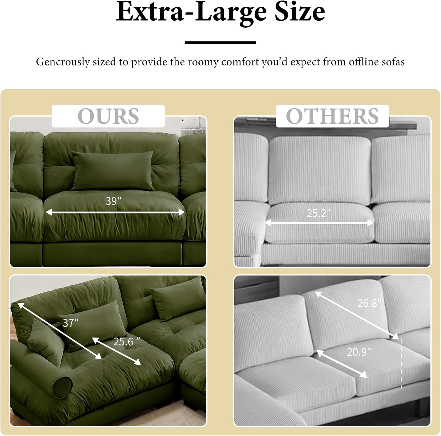 130"Oversized Couch, 3 Seater Modular Sectional Sofa, Olive Green Large L Shaped Sectional Couches for Living Room, Fluffy Couch Set, 3 Seater, Velvet Cloud Couches with Ottoman, Sofas for Living Room 3 Seater + 1 Ottoman Olive Green