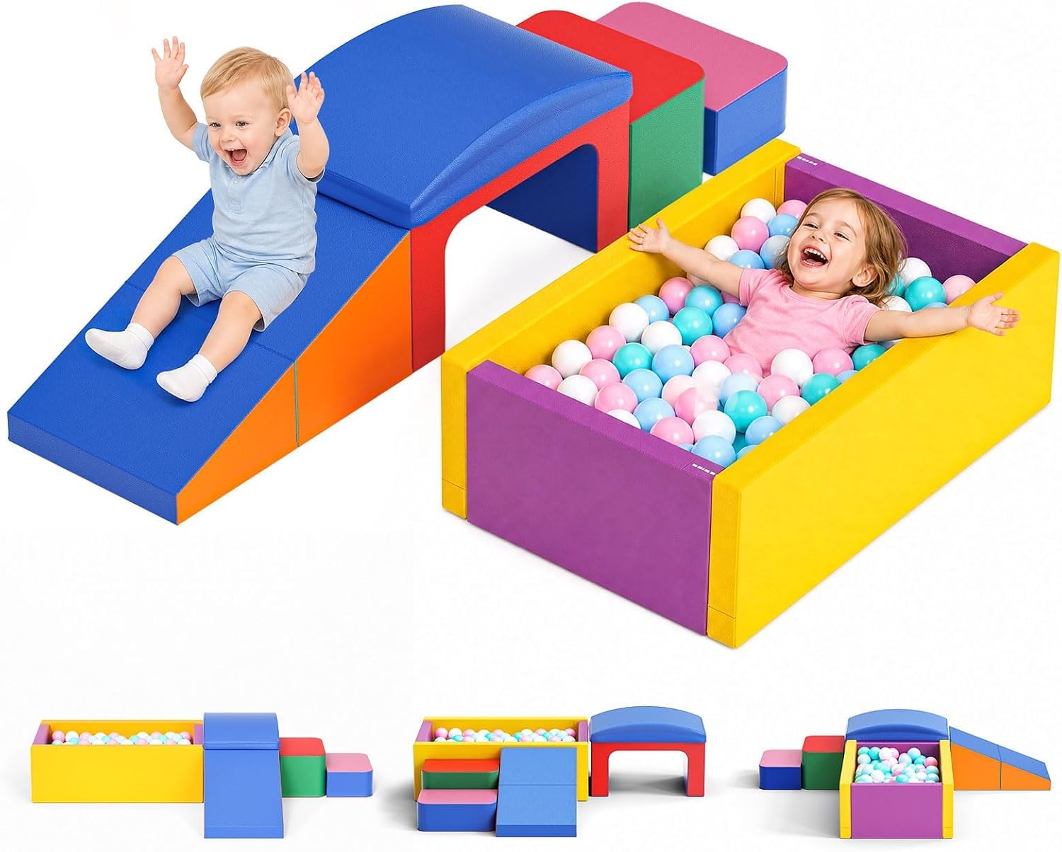 8 PCS Kids Soft Play Set,Baby Foam Climbing Blocks with Ball Pit, No Balls, EN71 Certified,Toddler Indoor Soft Play Equipment Playground,Sensory Motor Skills, Montessori Toys for Boys Girls