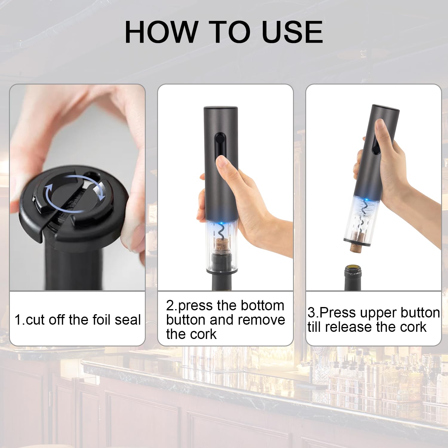 Abridor de vino eléctrico, sacacorchos de vino automático recargable con cortador de lámina, abrelatas de vino de carga tipo C con luz LED para fiesta en casa 3