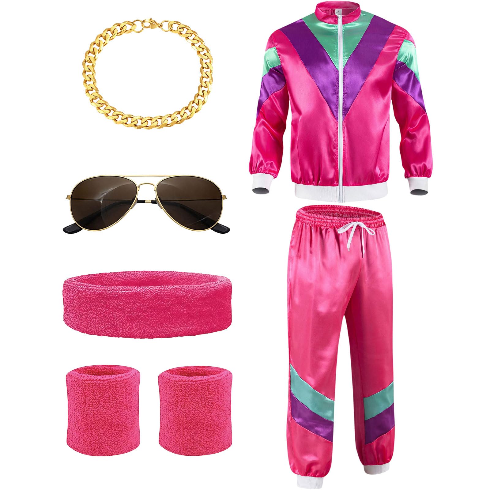 SSKHE Men's 80s Costume, 80/90 Men's Costume Accessory Tracksuit Outfit, 80s Costume for Halloween Party, Carnival Disco Costume (Rose Red, L)