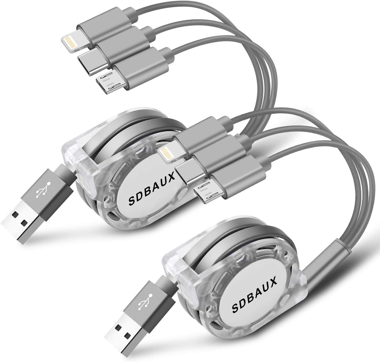 SDBAUX Multi 3 in 1 Retractable Charging Cable 2Pack/3.3ft,Fast Charge USB Charger Cord with iP/Type C/Micro USB Port Compatible Phone 11 Pro Max XS XR X 8 7 Plus Samsung Galaxy Google Pixel LG Huawei