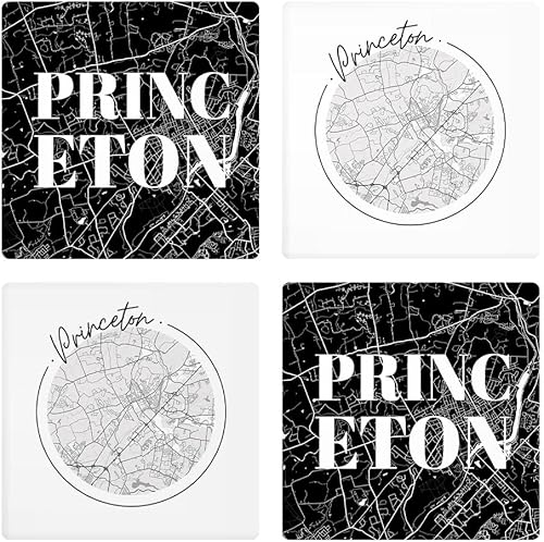 Minimalistic B&W New Jersey Princeton Maps, Joyride Home Decor, 4 posavasos de cerámica, posavasos cuadrados de 4 pulgadas, juego de 4, parte