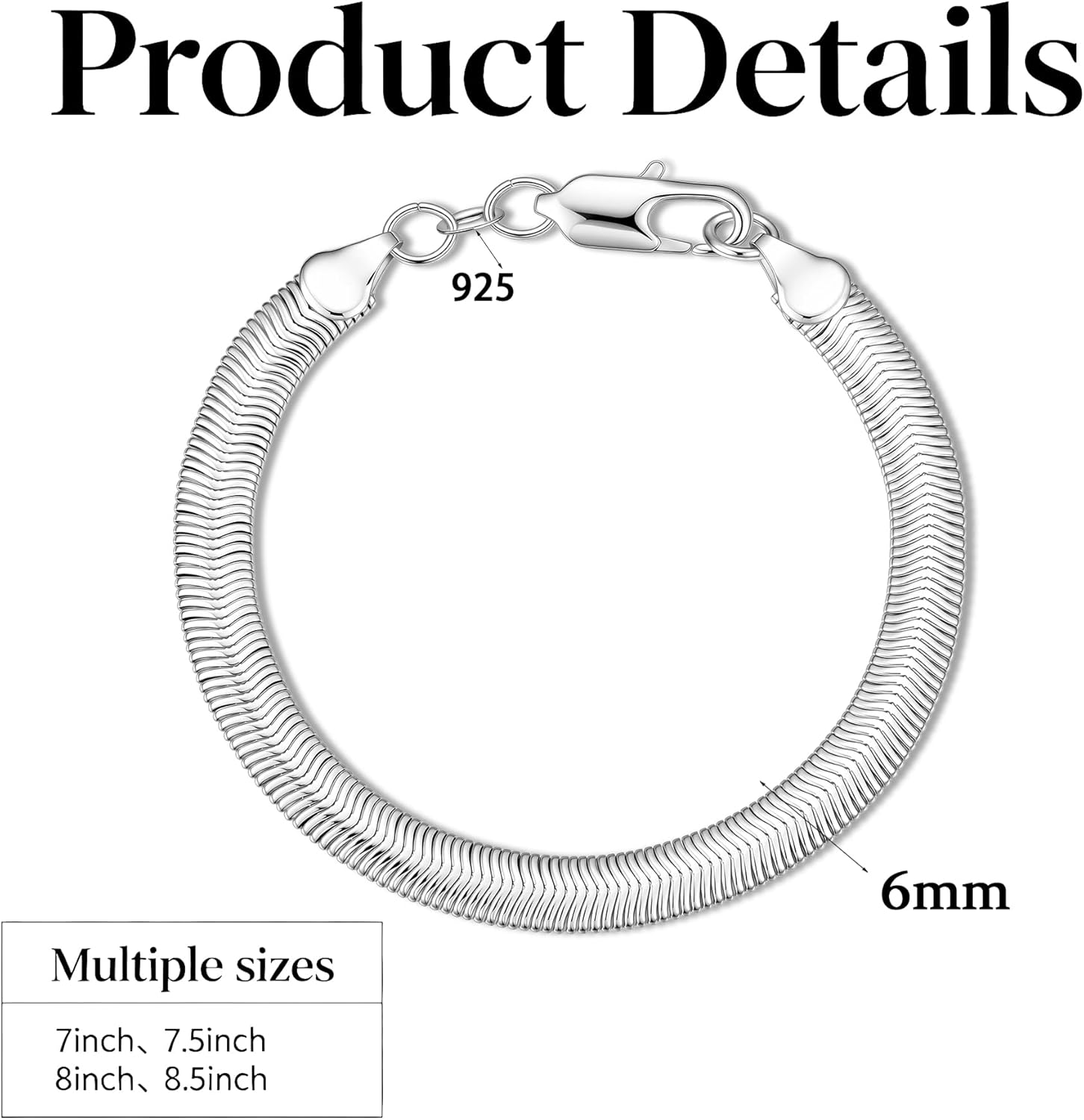 925 Sterling Silver Diamond-Cut Snake Chain Bracelet for Men, 6 mm Wide, 7 to 8.5 IN, Jewelry Gifts for Men