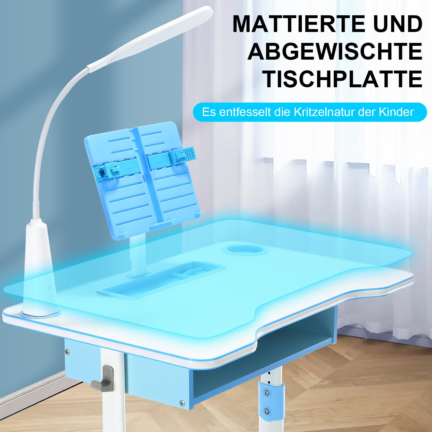 Kinderschreibtisch höhenverstellbar, Schülerschreibtisch Jugendschreibtisch mit Lampe, Schreibtisch Kinder mit Stuhl, Bücherständer und Schublade inkl. Kinder Schreibtisch für Jungs & Mädchen (Blau)
