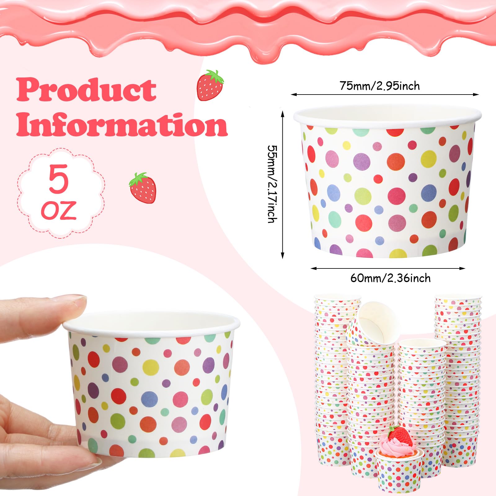 Honeydak Paquete de 400 vasos de helado de lunares arcoíris de 150 ml para fiestas, vasos de papel desechables para dulces, postres, aperitivos, yogur, boda, fiesta de cumpleaños