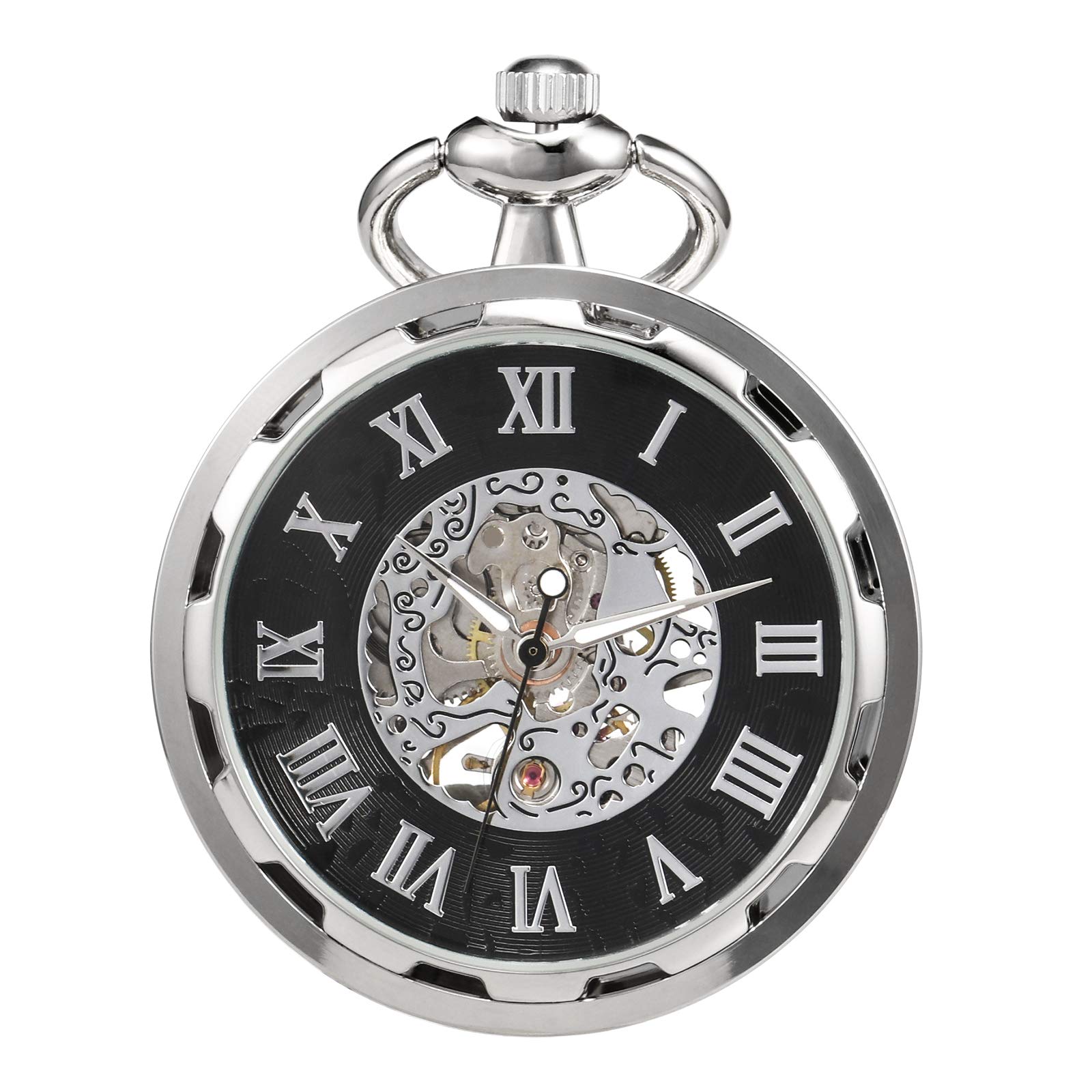 TREEWETO Taschenuhr mit Kette Herren Analog Mechanische Handaufzug Offenes Gesicht Skelett Bewegung