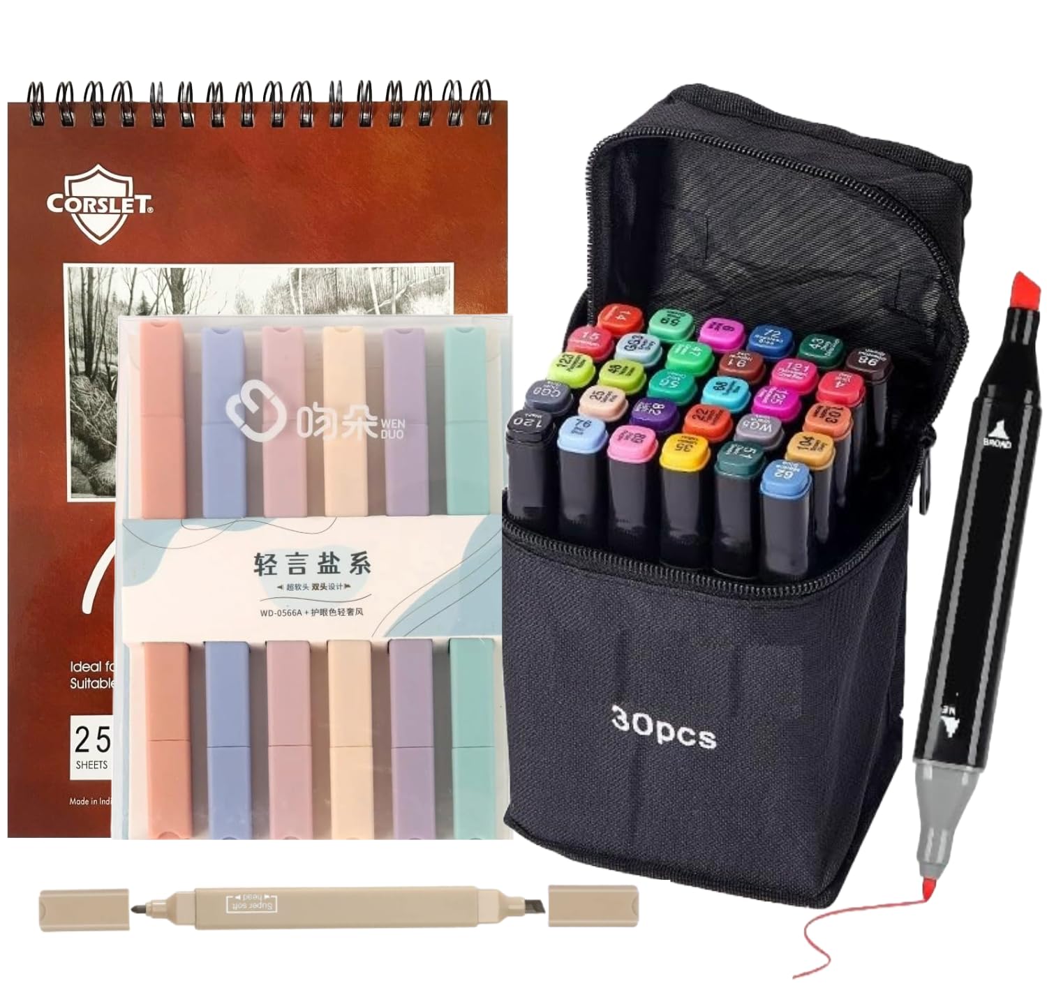 Corslet Set of 37 Pcs Stationery Items - 30pc Dual Tip Alcohol Markers Pens Set & 6 Pc Highlighter Pen Set Brush Pen Sketch Pens for Painting Sketching Calligraphy Drawing Marker Pen with Marker Pad