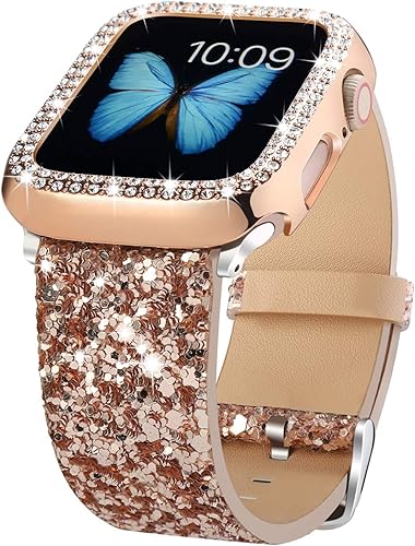Correas brillantes compatibles con Apple Watch Band + funda Ultra 21 de 1.49, 1.57, 1.61, 1.65, 1.73, 1.77 y 1.73 pulgadas, correa de cuero con