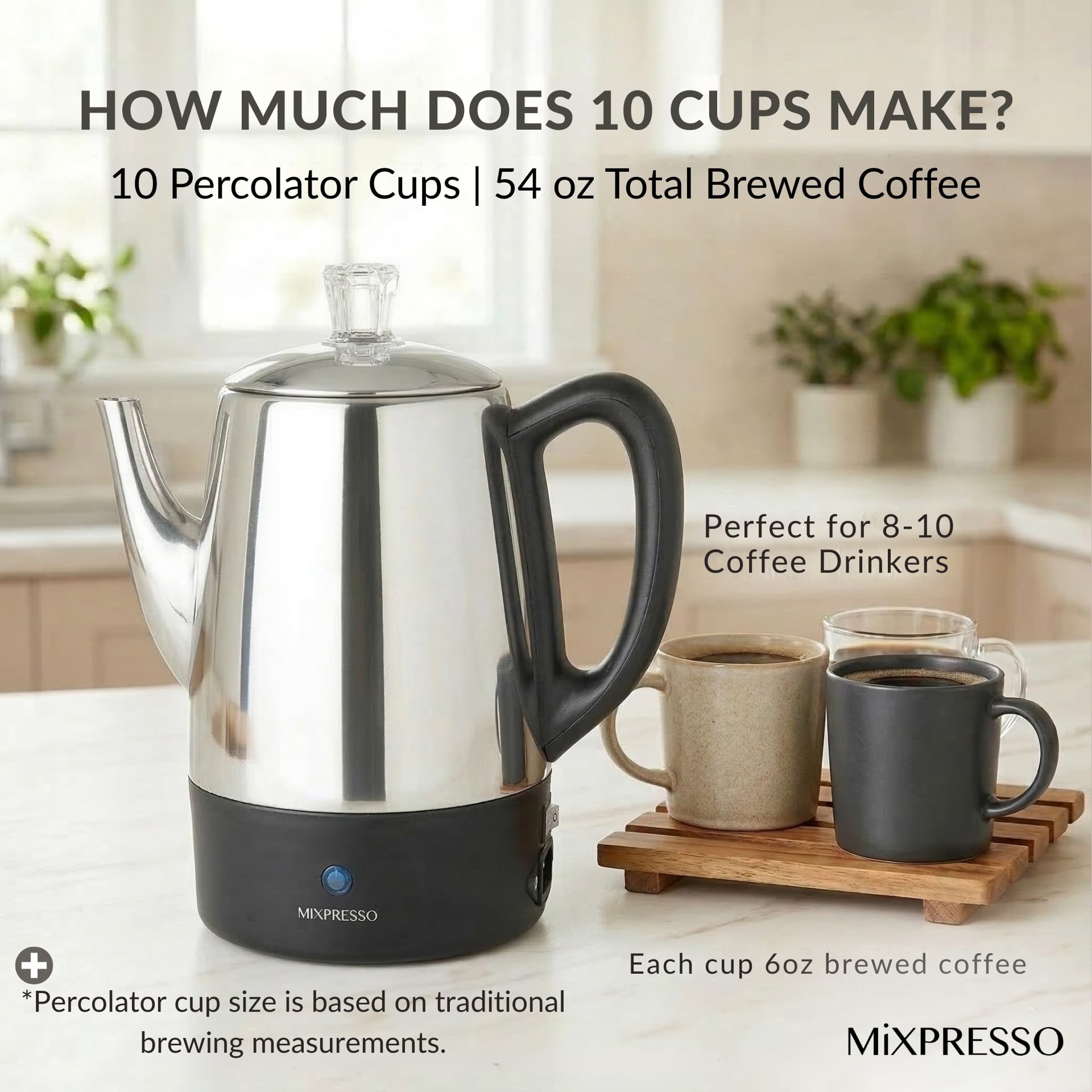 Mixpresso Caffettiera elettrica, caffettiera in acciaio inox - Percolatore da 10 tazze con cestello per caffè