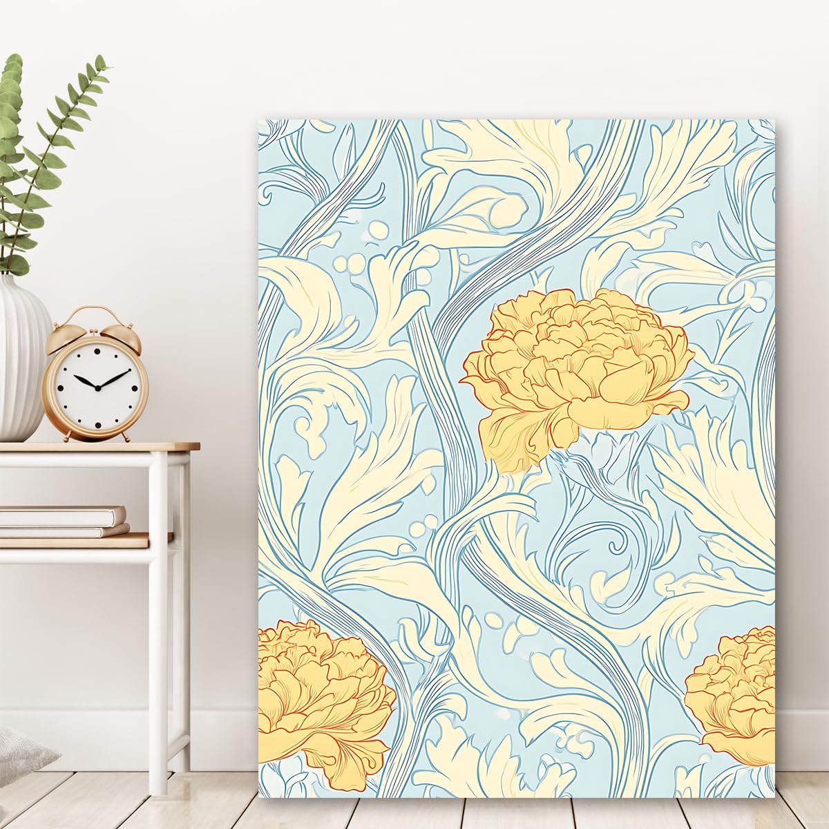 Via Vela Dibujo mural de lienzo Art Nouveau Peonía amarilla hoja de acanto hoja de acanto azul cartel pintura de arte imagen para estudio decoración de la habitación de invitados 90x120cm