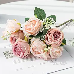 BEMMY Flores Artificiais, Pequenas Flores de Seda para Decoração de Casa, Buquê Falso de Peônia, Arranjos Florais Artificiais, Centro de Mesa de Jantar para Cozinha, Decoração de Festa (Rosa Claro)