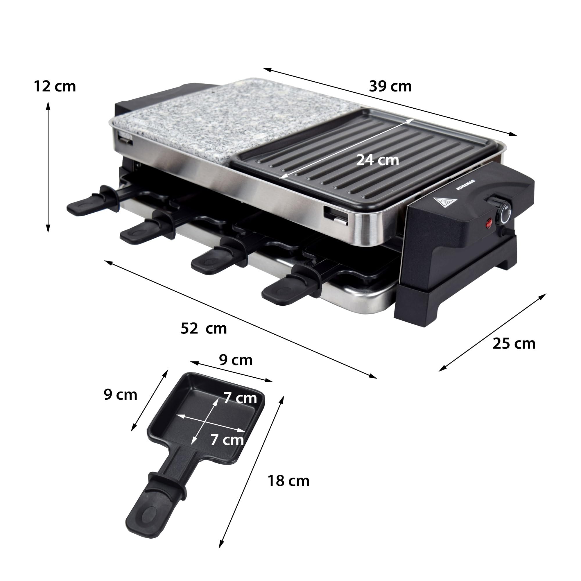 Syntrox Germany Raclette Bernus 8 Personen, 1500W Multifunktions-Grill mit Heißem Stein und Antihaft-Platte, Edelstahl inkl. 8 Pfännchen