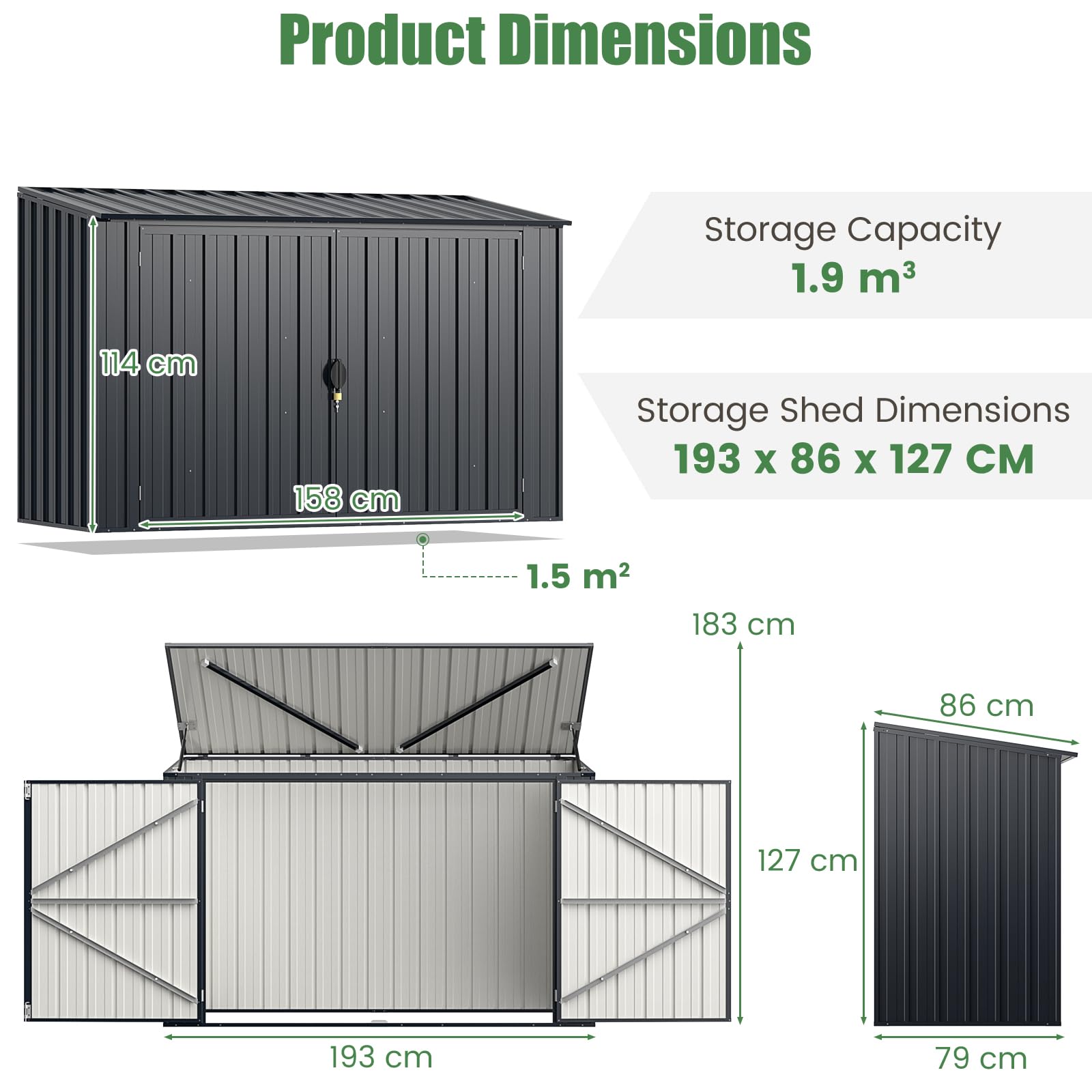 HOMASIS Abris Outils de Rangement en Métal-120 L,1,9 m³, Résistant aux Intempéries, avec 2 Gants, Cache-Poubelles pour 2 Poubelles avec 2 Porte et Couvercle Rabattable, Verrouillable