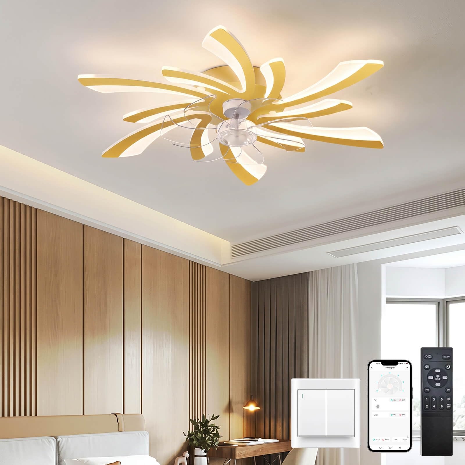 KeLuKes Modern Ceiling Fans with Lights and Remote 78cm Ceiling Fans with Lamps Silent Dc 6-Speed Dimmable Reversible Winter/Summer Led Fan Light for Bedroom Lounge Living Room,Gold