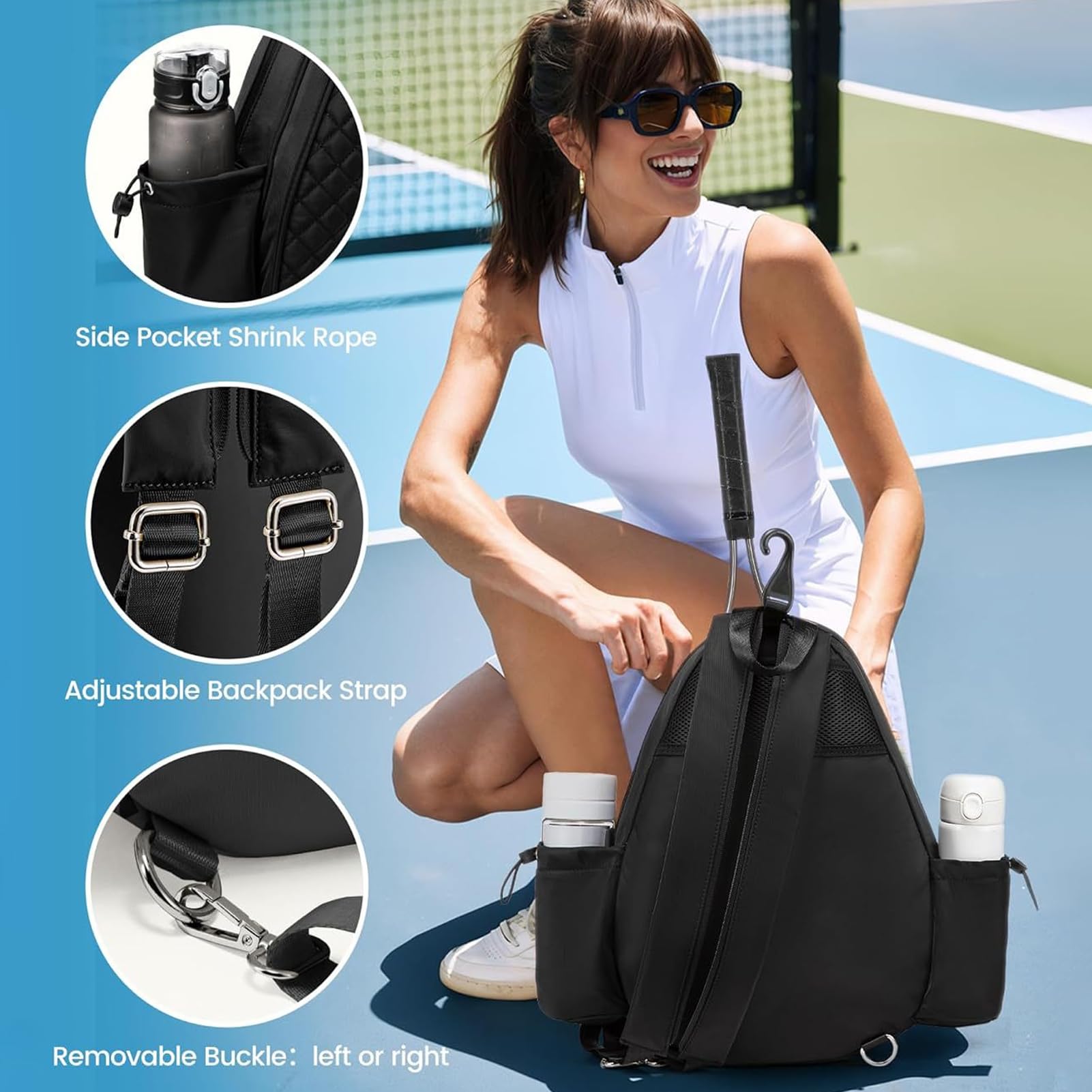 Borsa da Tennis con Scomparto Separato per la Racchetta Portabicchieri Grande Scomparto per Scarpe con Gancio Staccabile Zaino Multisport Donna Palestra da Viaggio (Nero)