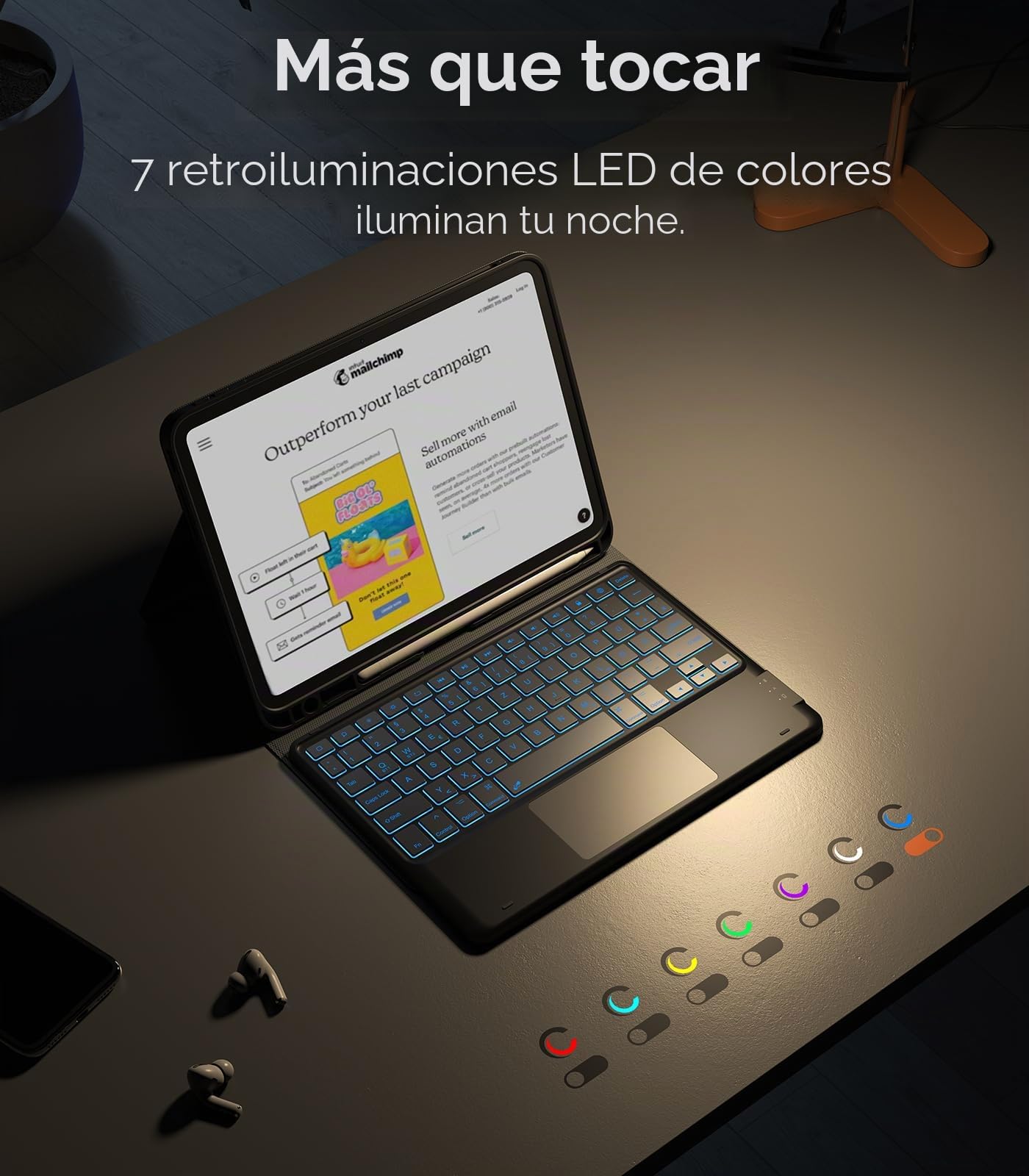 CHESONA Teclado para iPad Pro 11 2025 (M5)/2024 (M4), 7 colores de iluminación, trackpad multitáctil, funda con soporte para lápiz, 2 canales Bluetooth para M4 iPad Pro 2024 de 11 pulgadas, negro