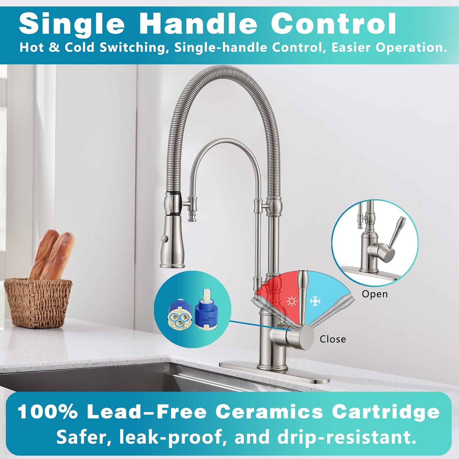 Classical Commercial Copper Kitchen Faucet, Single Handle Spring High Arc with 360° Swivel Pull Down Spray, Brushed Nickel Finish & Deck Plate for Farmhouse Sink