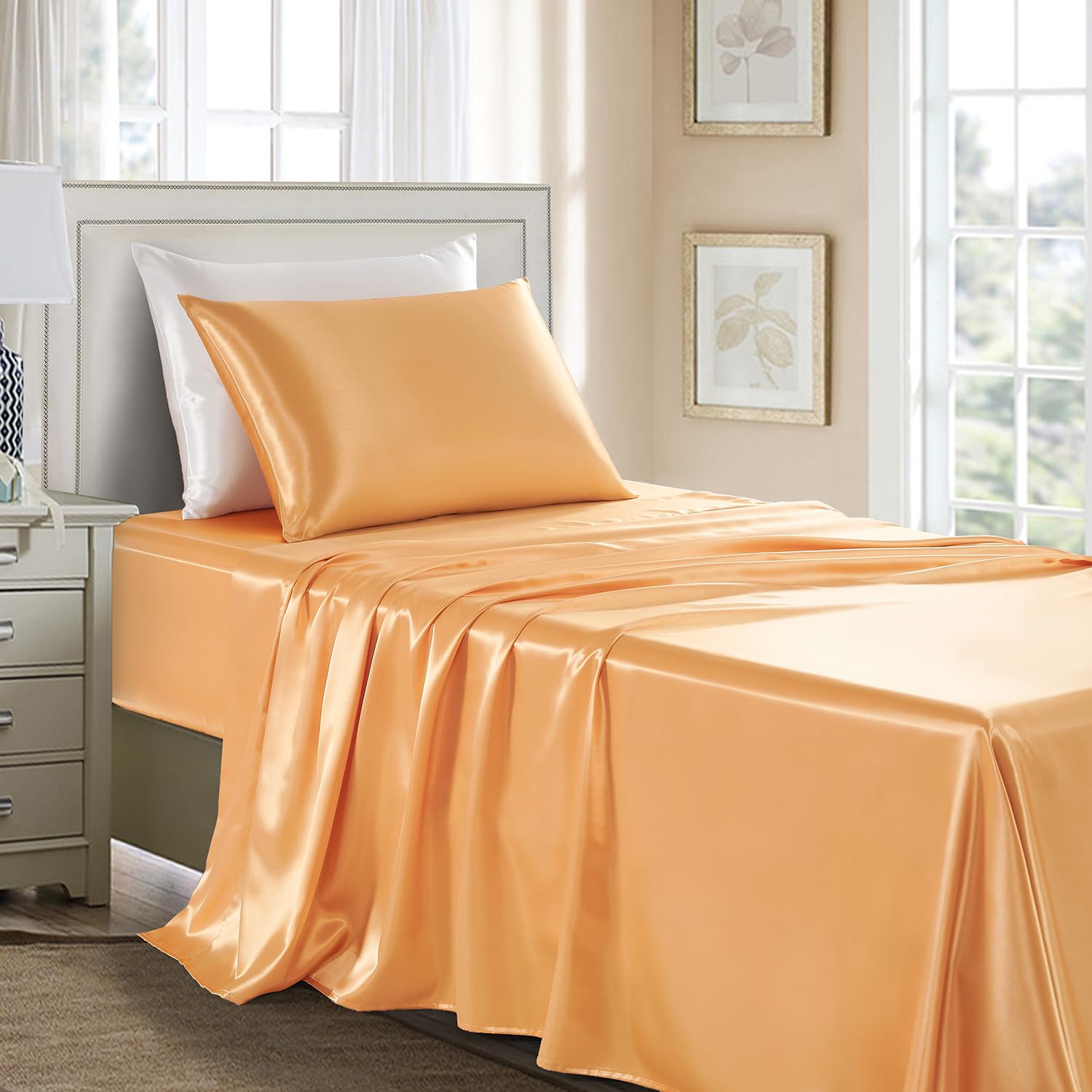 GOLAL Satin Sheets Twin Size - 3 Pieces Luxury Silky Soft Bed Sheets for Kids, Wrinkle-Free Gold Satin Silk Sheet Set with 1 Deep Pocket Fitted Sheet, 1 Flat Sheet, 1 Pillow case — image 1