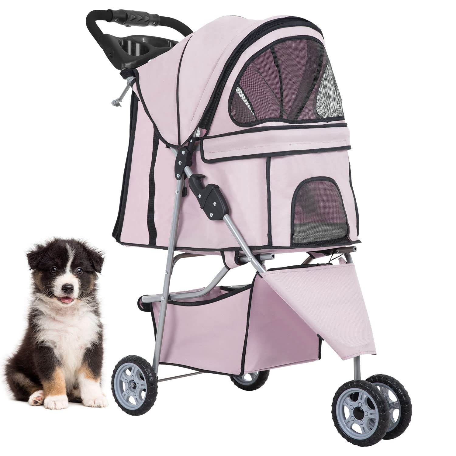 Photo 1 of **MINOR WEAR & TEAR**BestPet 3 Wheels Pet Stroller Dog Cat Stroller for Medium Small Dogs Cats Travel Folding Carrier Waterproof Puppy Stroller with Cup Holder (Light Pink)