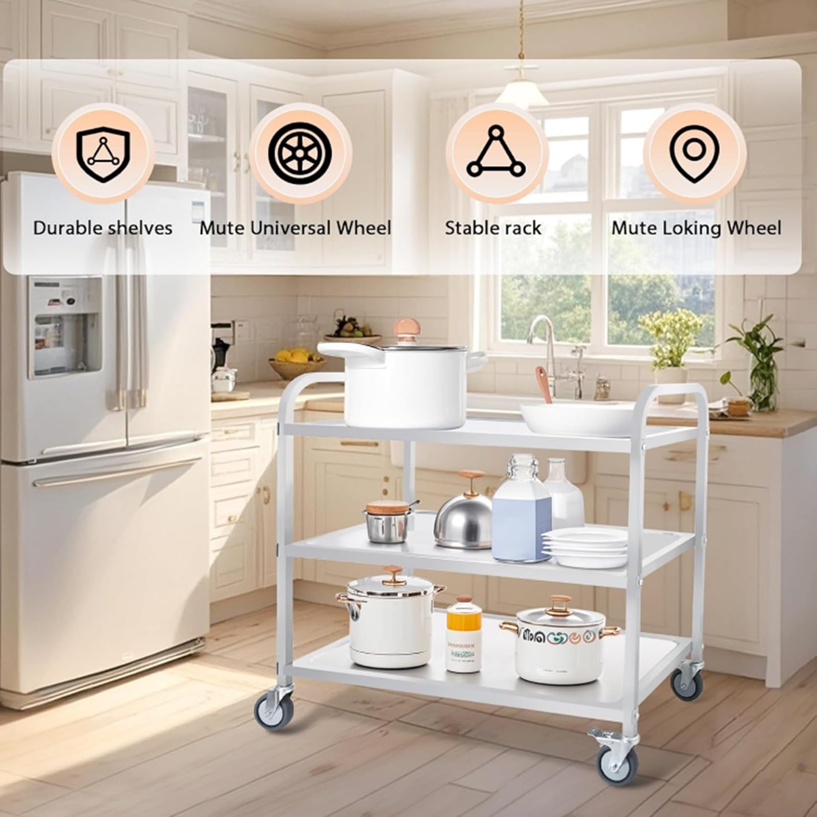 Carrello Portavivande Carrello di Servizio Carrello Cucina RCSW-3R (Acciaio Inox, 3 Ripiani, 150 Kg Portata Massima, 4 Ruote, Spessore Vassoio 3 Cm)(95x50x95cm)