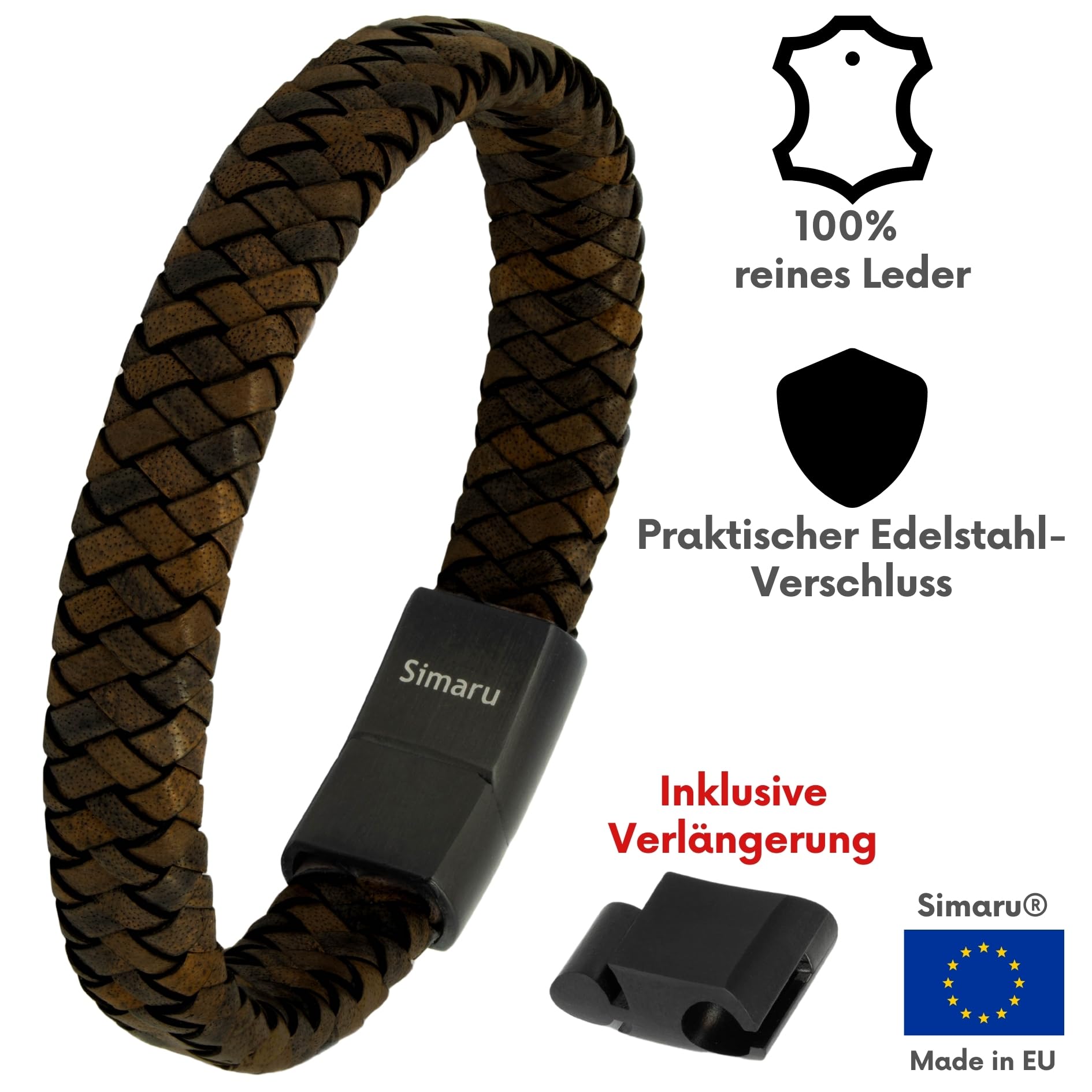 Simaru Lederarmband für Frauen & Männer, Echtleder-Armband mit Edelstahl Hakenverschluss, Premium-Qualität Made in Germany