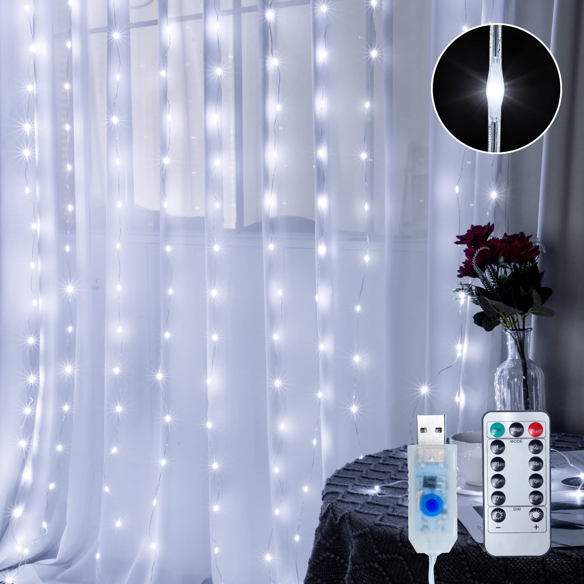 Hopolon Curtain String Lights with Remote,8 Modes 9.8ftx9.8ft 4.5V USB Powered Curtain Lights for Home Wedding Christmas Party Family Patio Lawn Garden Bedroom Outdoor Indoor Wall Decor(Cool White)