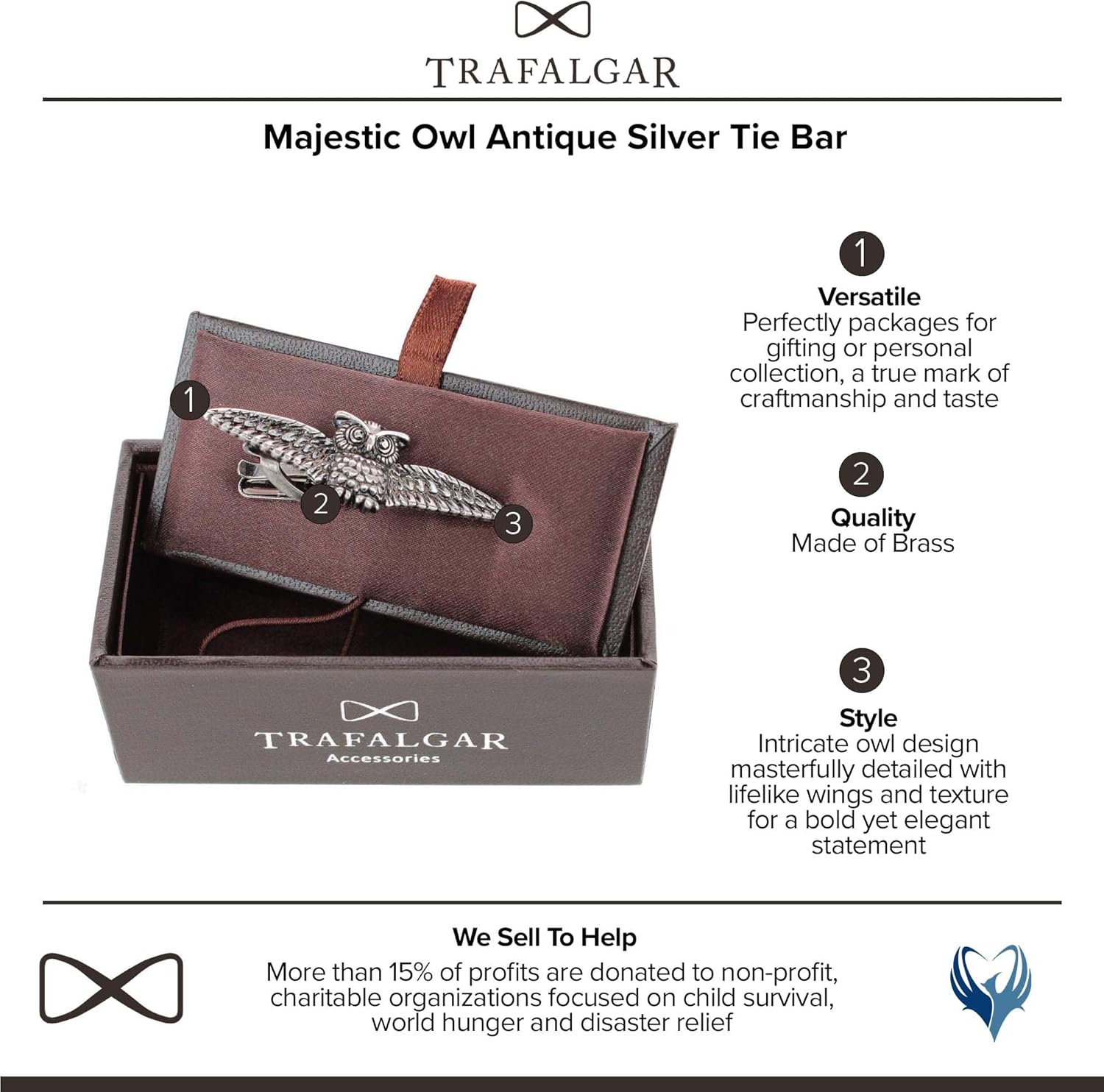 Trafalgar Men's Majestic Owl Antique Silver Tie Bar