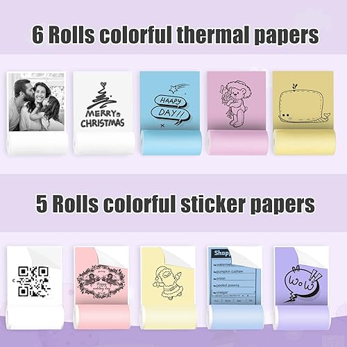 Miniatura 4 de Zeacool Mini impresora de calcomanías, mini impresora térmica de bolsillo con 11 rollos de papel, impresora Bluetooth sin tinta compatible con