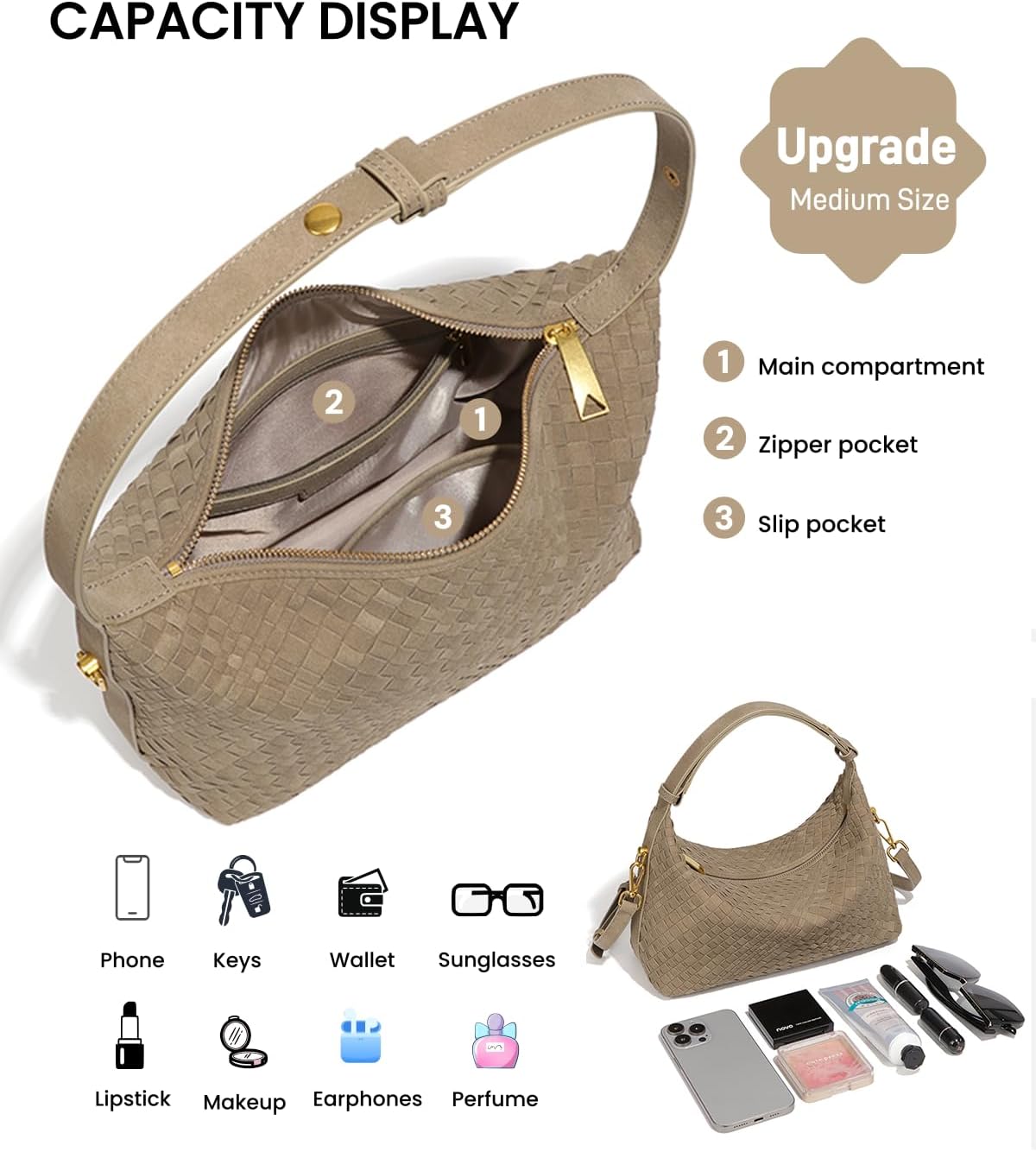 Woven Suede Hobo Bag for Women, Medium Slouchy Shoulder & Crossbody Purse with Multi-Width Woven, Longer & Adjustable Strap