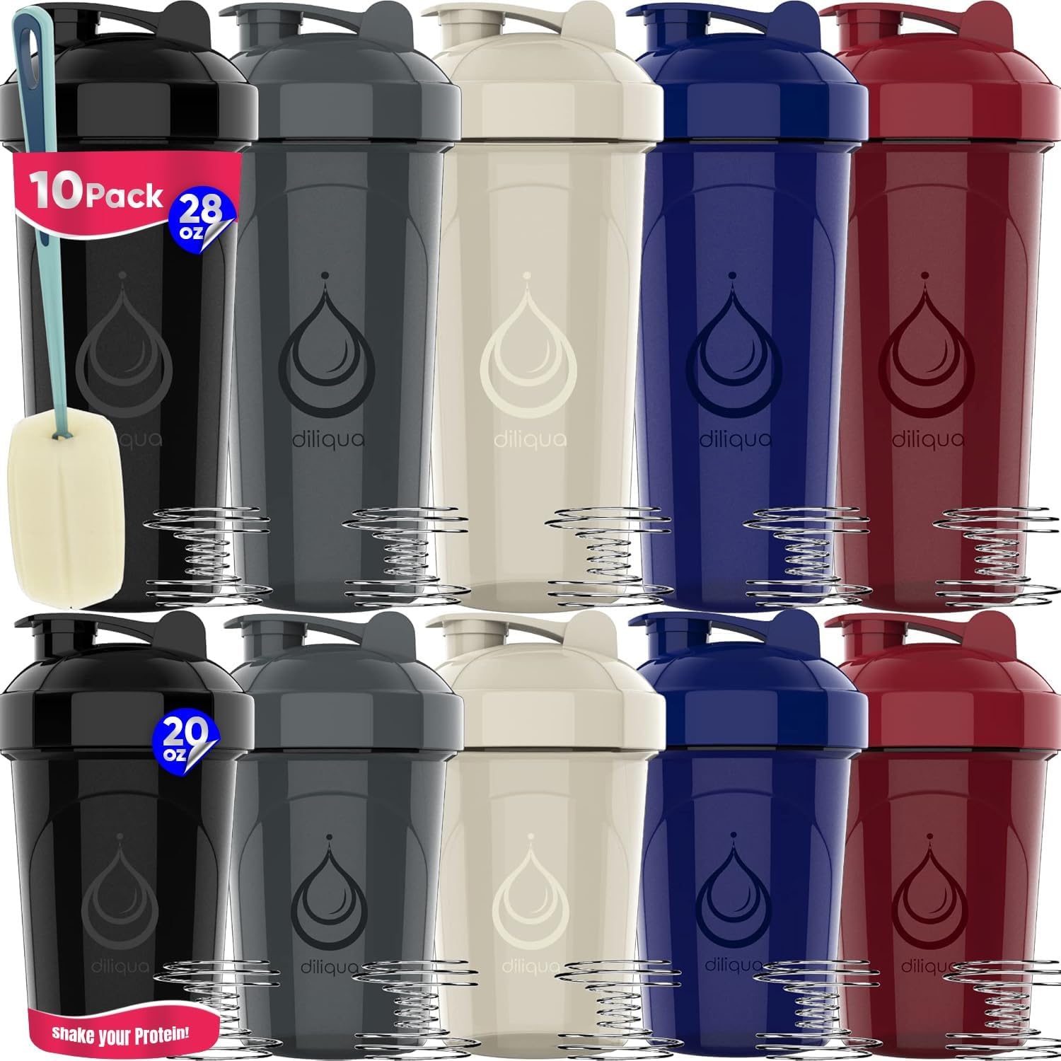 diliqua 10 PACK- Shaker Bottles with Wire Whisks for Protein Mixes | Leakproof Blender Shaker Bottle Pack | BPA-Free & Dishwasher Safe | 5 Large 28 oz & 5 Small 20 oz Shaker Bottle | Cups for Shakes
