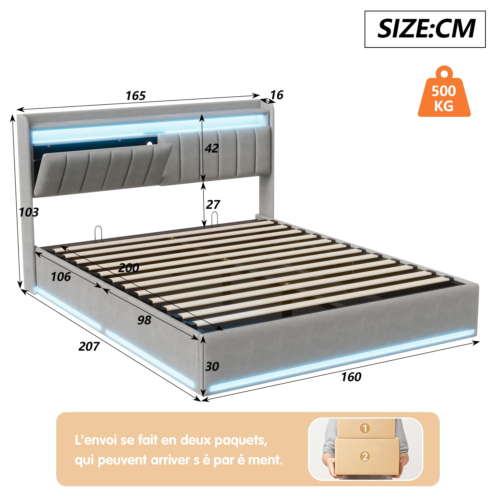 Lit Coffre 160 x 200 cm,avec Éclairage LED et Port USB,Lit Double Rembourré avec Rangement et Tete de lit,pour Adultes et Adolescents,Velours (Gris A, 160 x 200 cm)