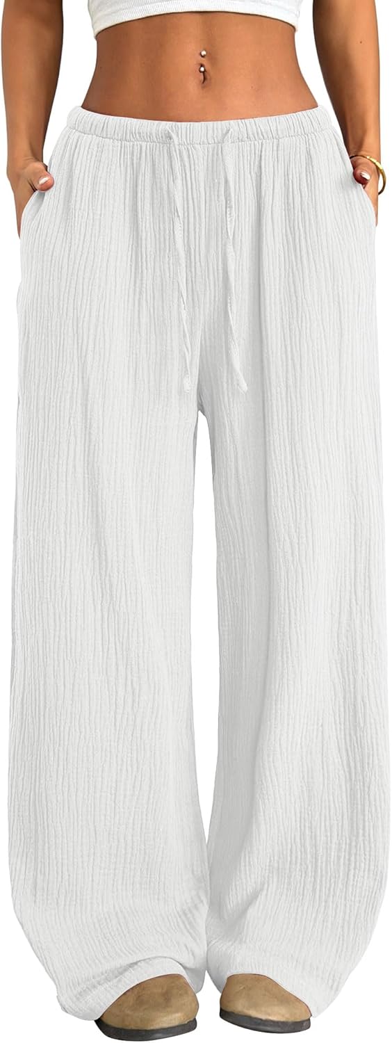 ZAFUL Drawstring Elastic Low Waist Flowy Palazzo Pants for Women with Pockets Casual Loose Pant Spring Summer Outfits