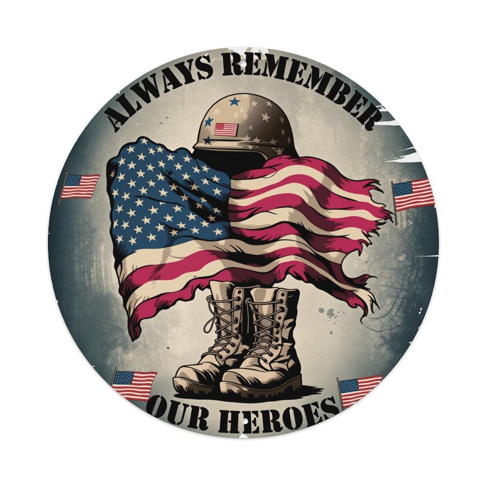 American Flag Helmet Boots Stars Round Tin Sign Vintage Metal Poster, Home Bar Garage Man Cave Cafe Indoor & Outdoor Wall Decoration 8x8Inches