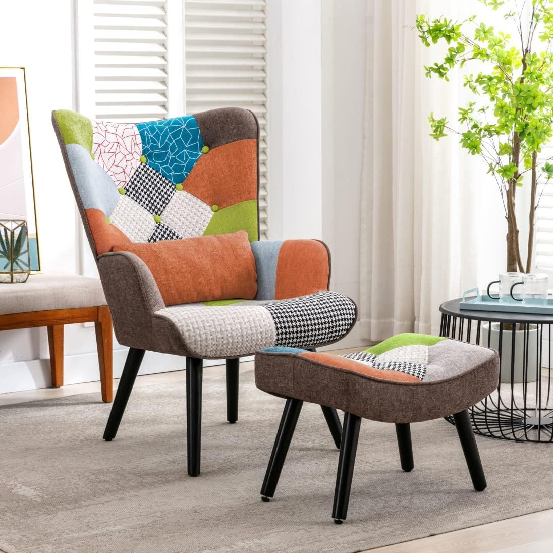 Poltrona Patchwork, Poltrona Con Poggiapiedi E Cuscino Lombare, Sedia Per Il Tempo Libero, Soggiorno, Lettura, Camera Da Letto, Divano Singolo (Colore arancione)
