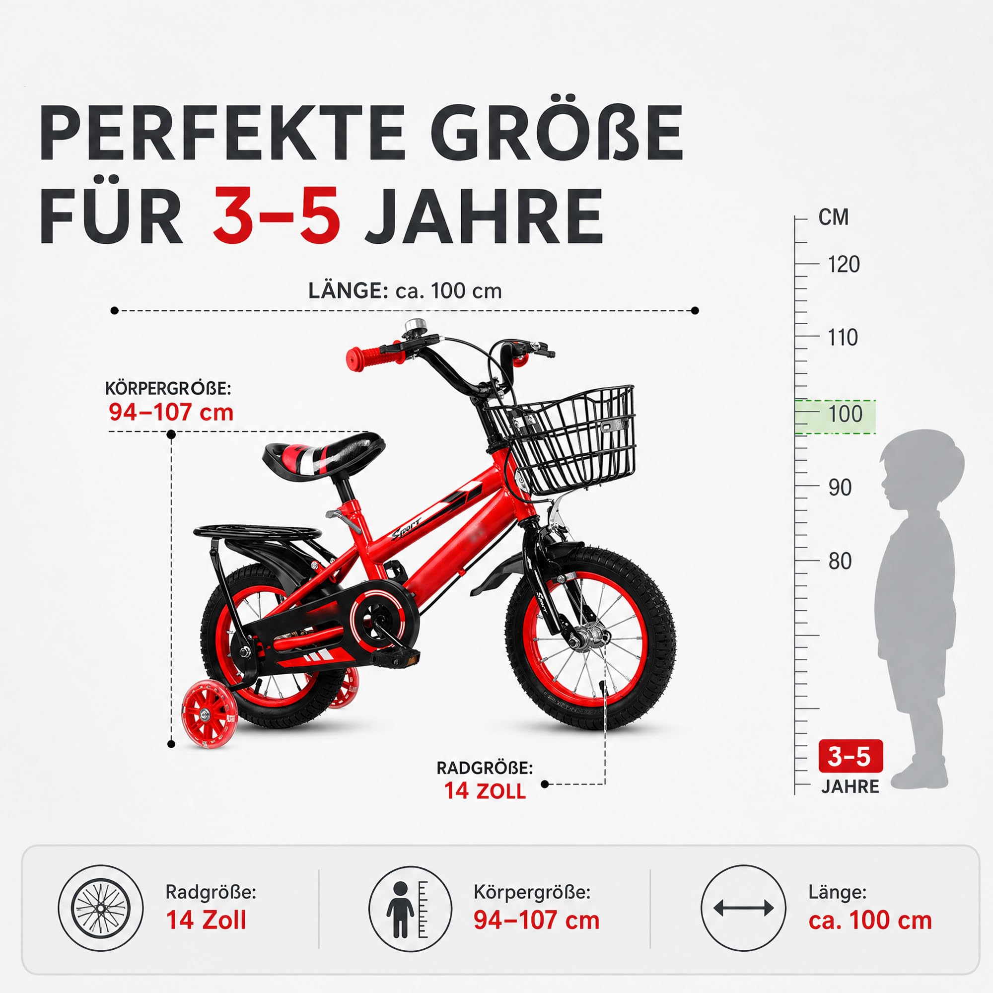 Kinderfahrrad 14 Zoll - Ab 3-5 Jahre für Jungen & Mädchen