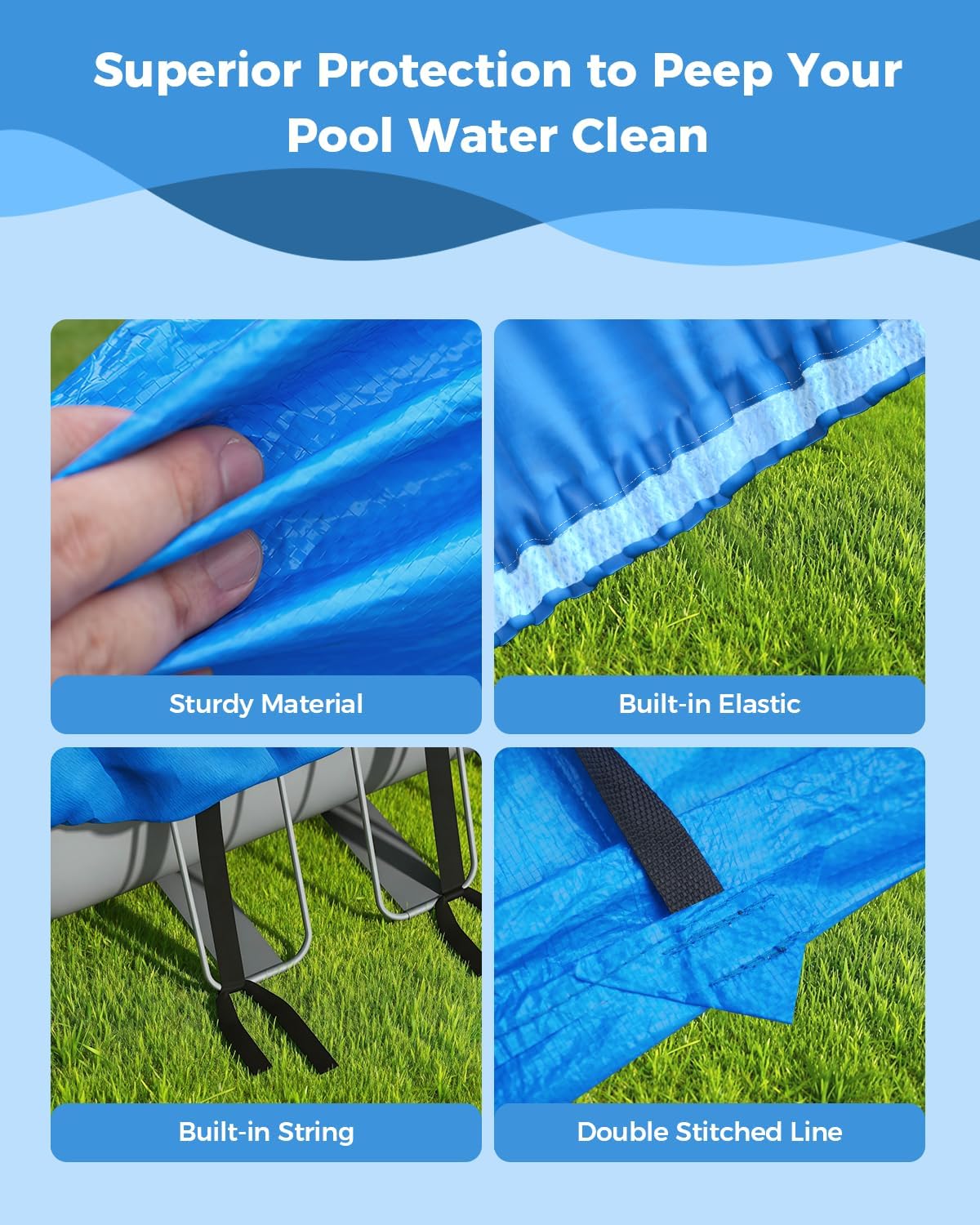 Reinmoson 12 x 24 Rectangle Pool Covers for Above Ground Pools Fits 20’ x 10’ to 24’ x 12’ Pools, Rectangular Pool Cover with Elastic Edge & Integrated Drawstring for Intex/Bestway/Funsicle Pool