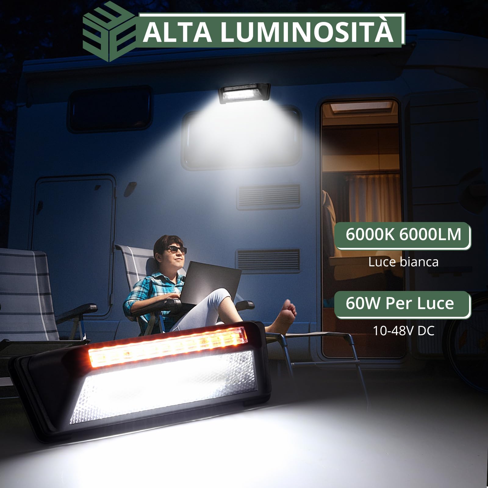 EYPINS Luce Esterna per Camper 40 LED 60W 6000LM 10-48V IP65 Impermeabile con 6 Modalità di Lampeggiamento per Roulotte Caravan Furgone,Conforme E9