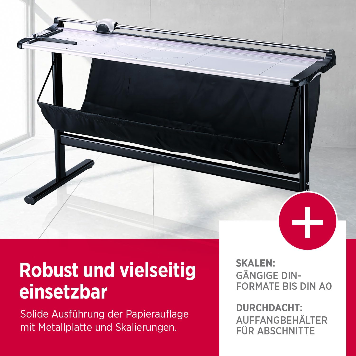 Olympia TR 1307 Rollenschneidegerät | Papierschneider Din A0 | 1300 mm Arbeitsbreite | Schneidemaschine Papier | bis zu 7 Blätter | Papierschneidemaschine mit Auffangbehälter & Untergestell | Silber