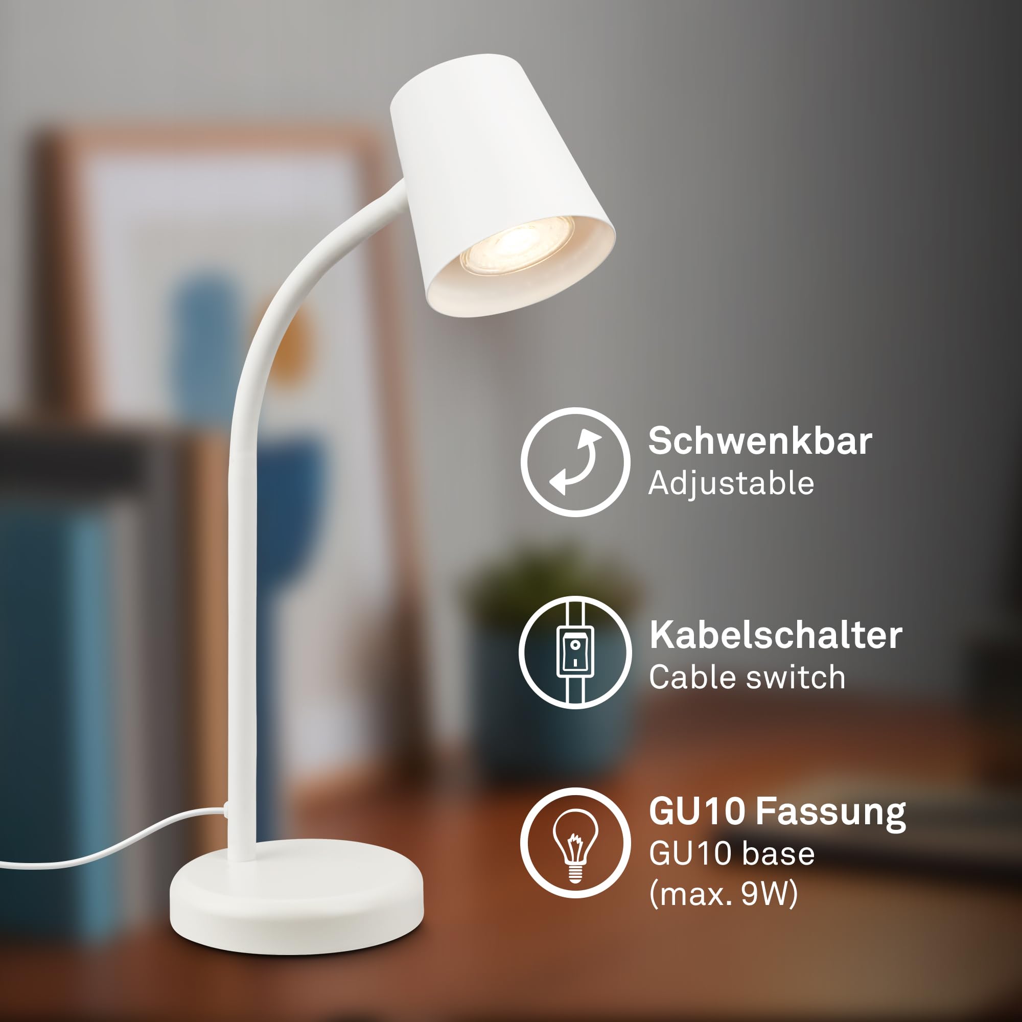 BRILONER – Lampka nocna, lampa biurkowa, obrotowa, lampa stołowa GU10 do domowego biura z przełącznikiem kablowym, lampka do czytania, biała