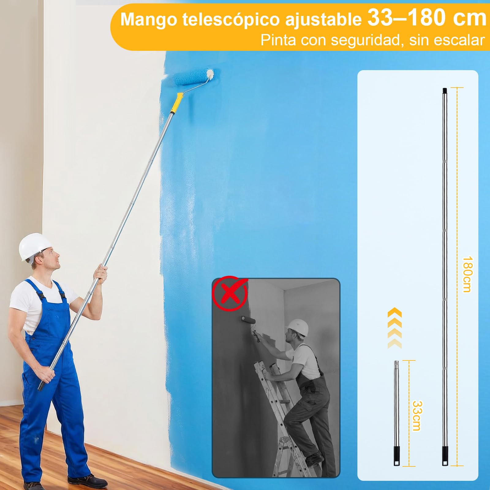 Kit de Pintura Profesional de 30 Piezas – Set de Rodillos para Pintura | con Palanca Telescópica 33-180cm, Bandeja para Pintura con Almohadilla y Accesorios Completos de Pintura