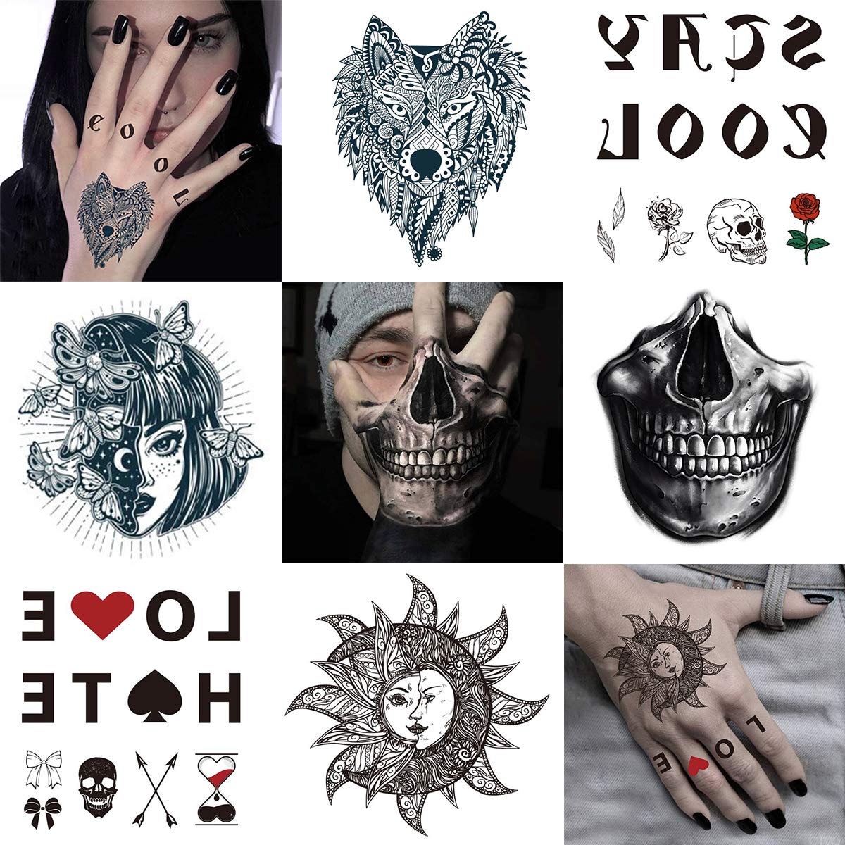Binnan – Pack De 8 Tatuajes Temporales De Halloween – Pegatinas De Calaveras Y Esqueletos – Fáciles De Aplicar E Hipoalergénicos – Para Adultos Y Niños