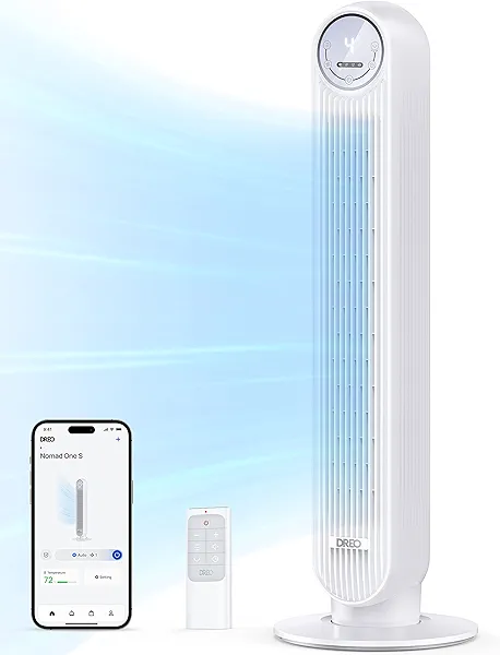 Dreo Tower Fan for Bedroom, 25ft/s Smart Standing Fans, 90° Oscillating Floor Fan with 4 Modes, 4 Speeds, 8H Timer, 28dB, Bladeless, Remote, 28 dB, Works with WiFi Voice Control