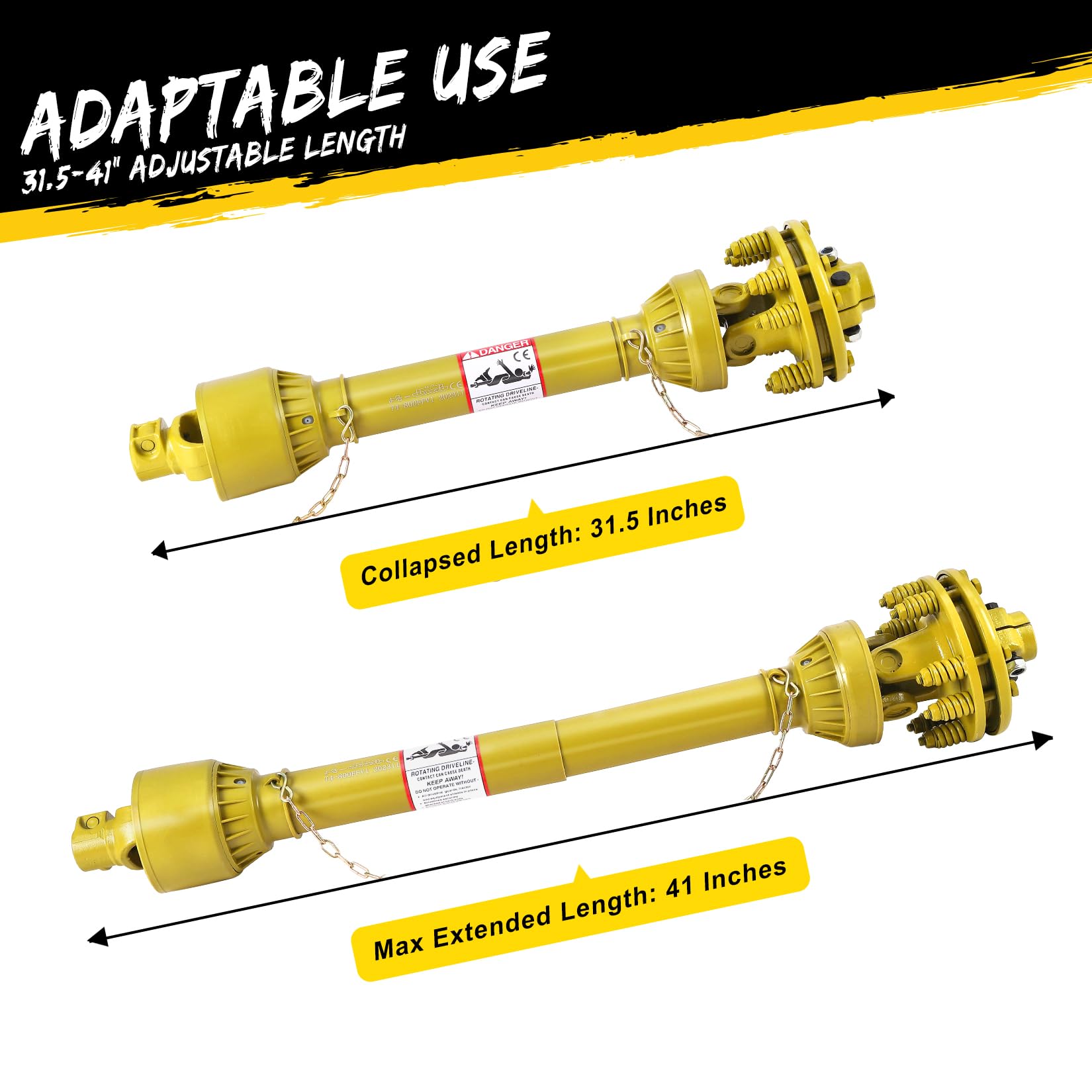 Garvee PTO Antriebswelle Serie 4 mit Rutschkupplung – 1 3/8'' 6-fach Verzahnung beidseitig – Teleskopgröße 31,5–41 Zoll – Gehärteter Stahl – Für Traktor, Mähwerk, Kreiselmäher – Gelb, mit Kupplung