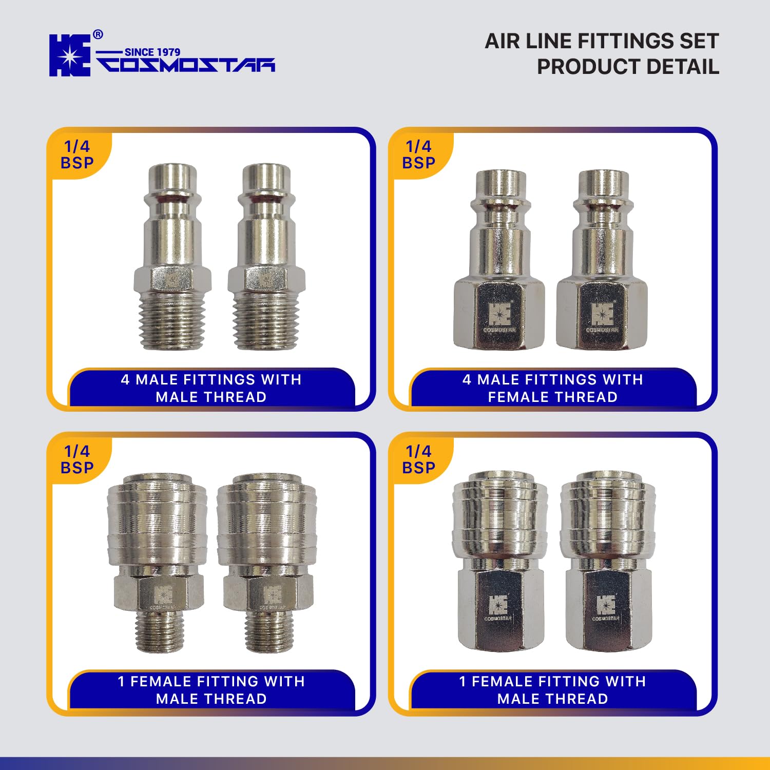 Cosmostar 10-Piece Industrial Air Line Fittings Set, 1/4" BSP Euro Connectors for Compressors Hoses, and Air Tools - Image 4