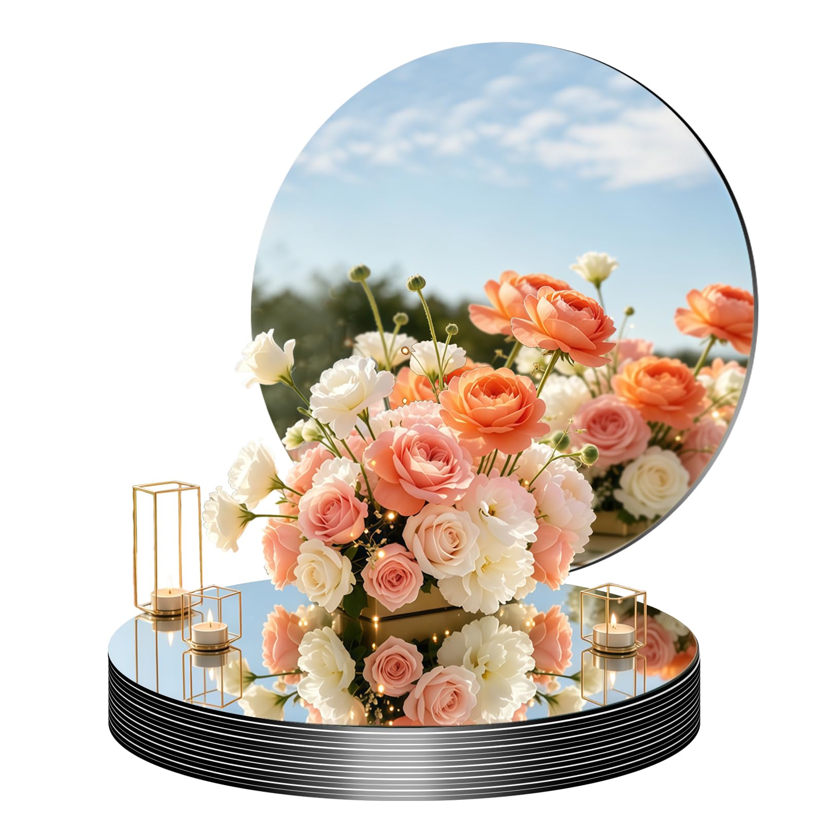 10PCS Round Mirrors for Centerpieces, 12inch 2MM Round Mirror Tiles Acrylic Circle Mirror Tiles Wall Mirror Trays for Candle Plates Wedding Table Birthday Decorations