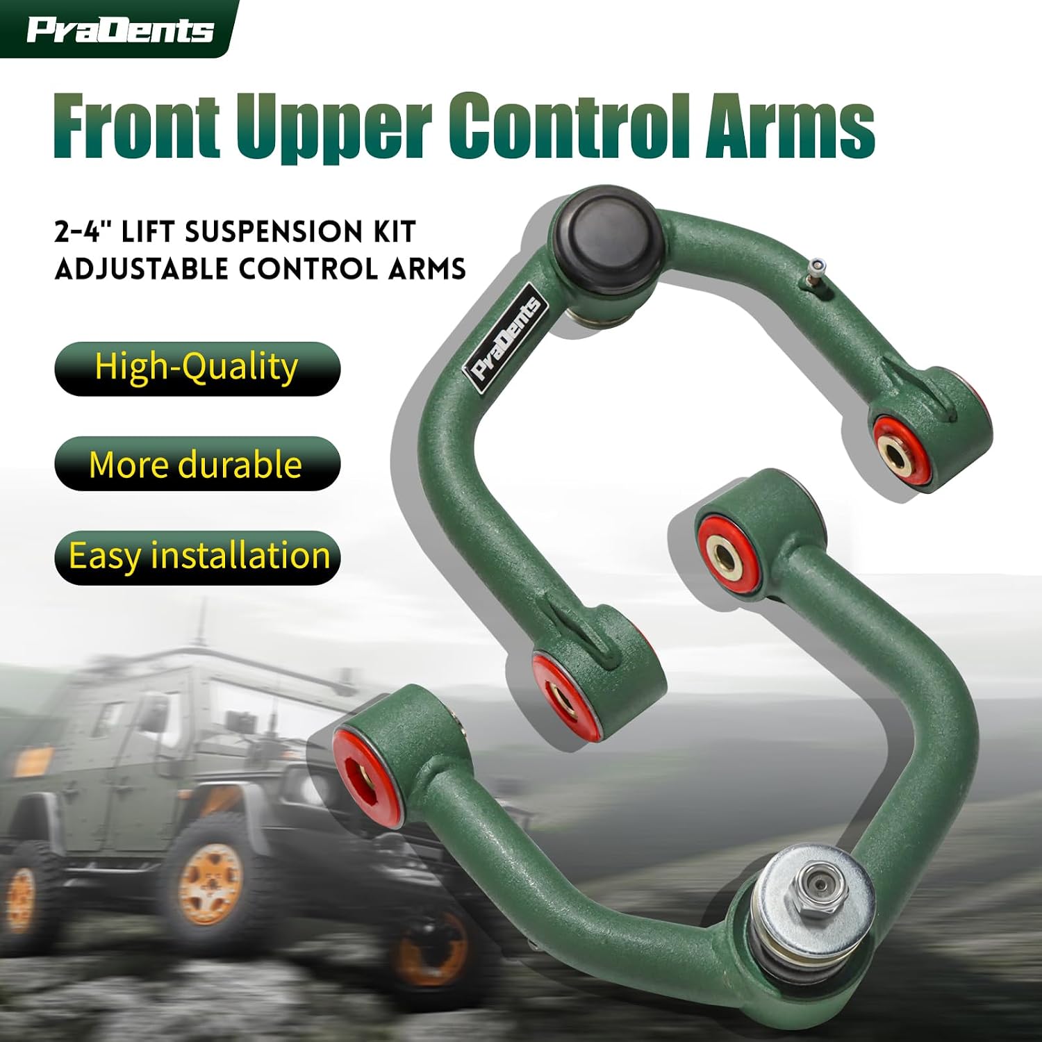 2-4" Lift Front Upper Control Arms for 2000-2006 Toyota Tundra, 2001-2007 Toyota Sequoia, Tubular Arms with Ball Joint, Replacement OEM Factory Suspension Arms, Wrinkle Green