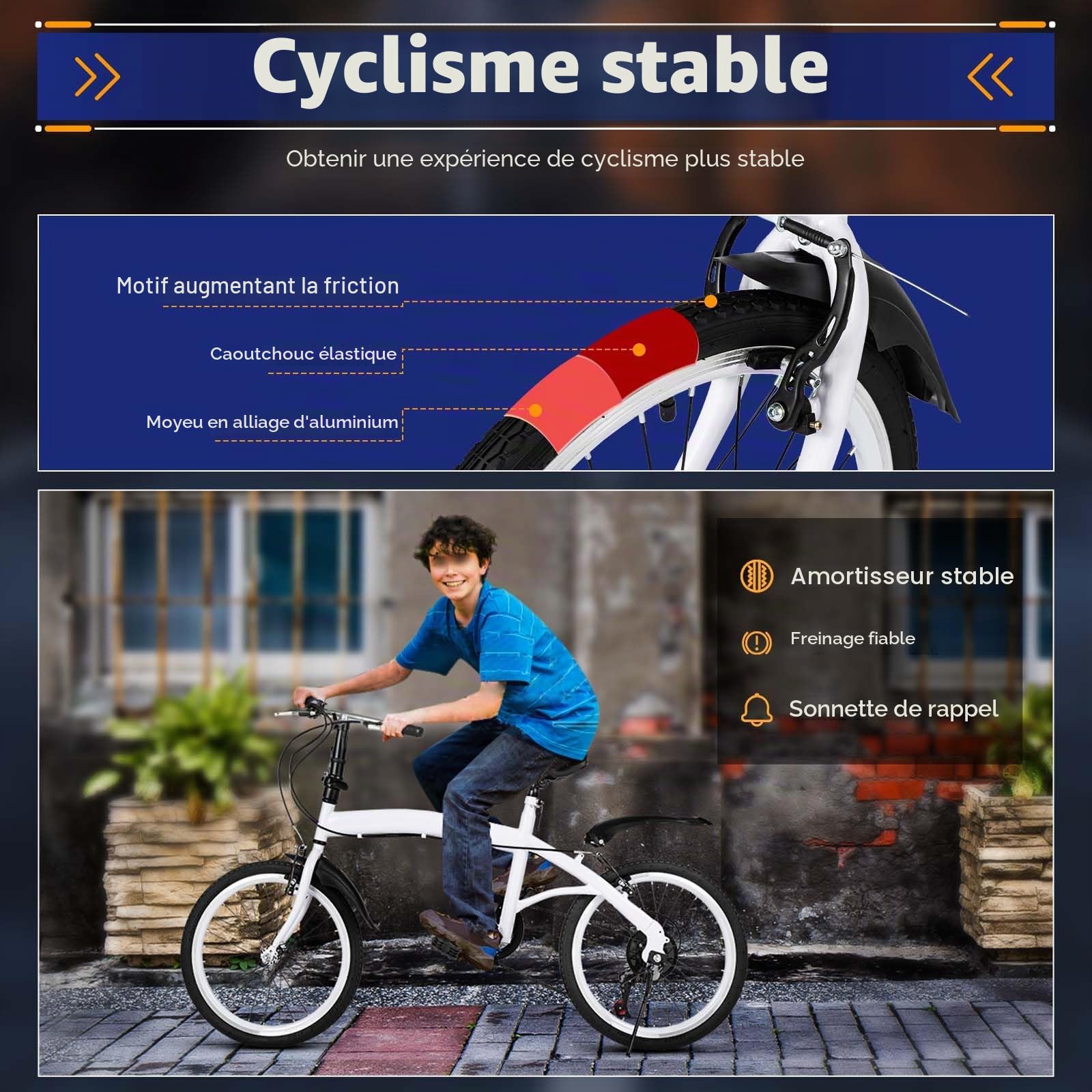 MccoMMon Vélo pliant 20 pouces pour adultes, 6 vitesses réglables, vélo de ville de camping, vélo pliant pour hommes et femmes, vélo de navette pour le plein air, blanc
