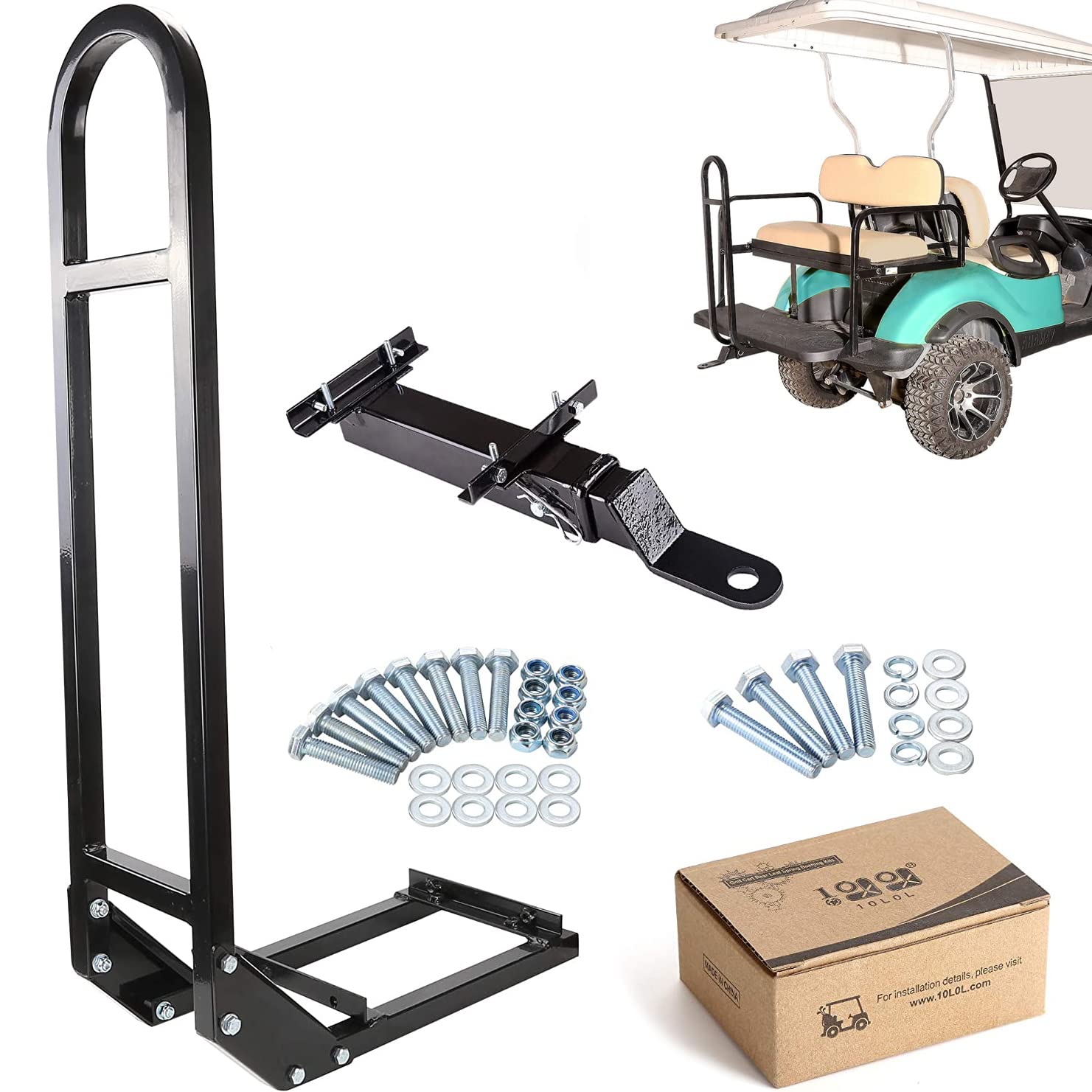 10L0L Universal Golf Cart Rear Seat Safety Grab Bar and Trailer Hook Hitch with Receiver for Club Car EZGO Yamaha, Upgrade Separable Heavy Duty Rear Seat Hand Rail Grab Bar to Keep Safety Black