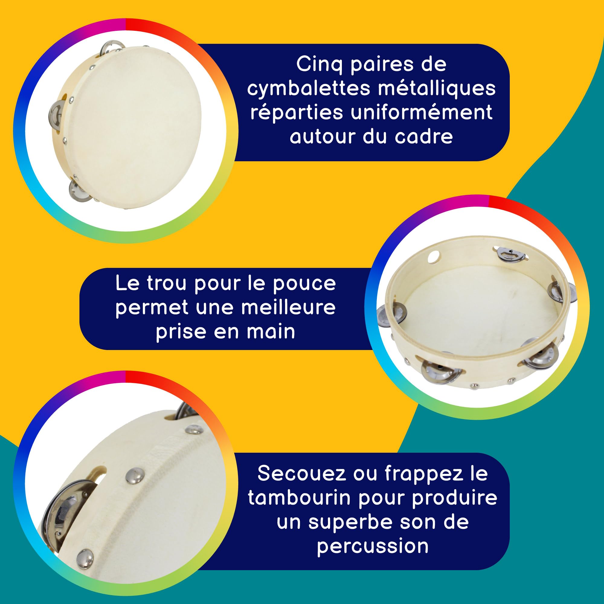 A-Star 8 Pouces/20cm Tambourin en Bois à Peau de Main, Rangée de Clochettes en Métal Simple Traditionnelle - Peau Naturelle - Paquet de 10