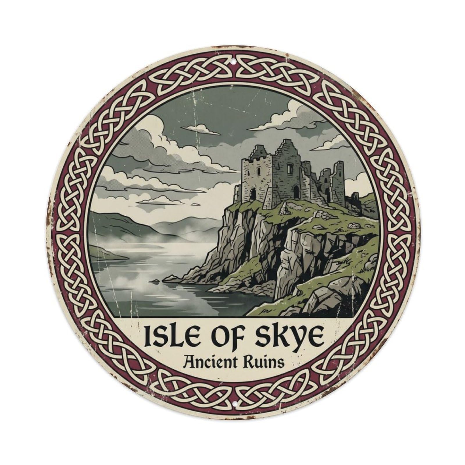 Vintage Travel Skye Fortress Scotland Metal Tin Sign Plaque Wall Decor for Cafe, Club Bar, Office, Home Garden Round Metal Poster 8x8Inch